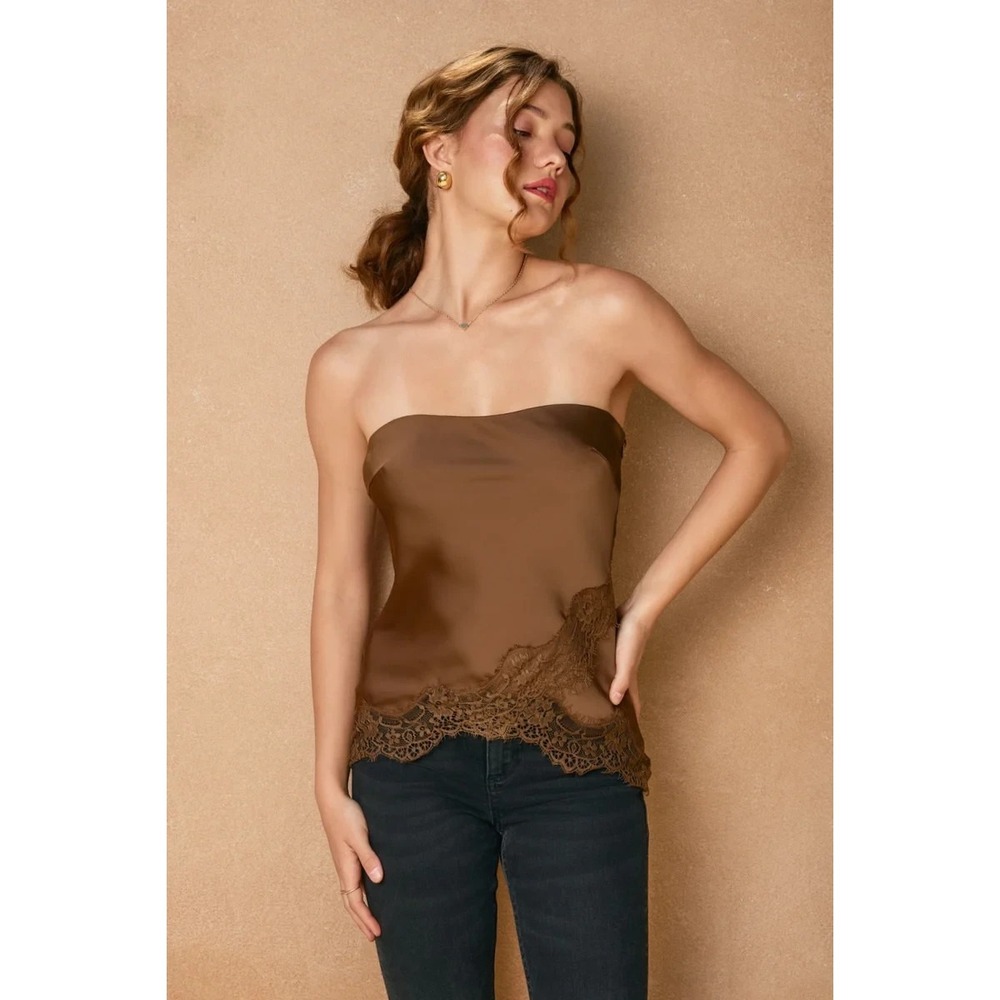 Gab Kate Roxy Satin Lace Mocha Brown Strapless Camisole Tank Top M Feminine Sexy